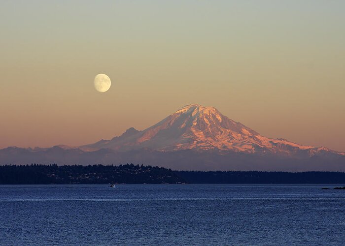 #faatoppicks Greeting Card featuring the photograph Moon Over Rainier by Adam Romanowicz