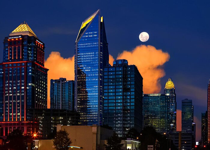Charlotte Greeting Card featuring the digital art Moon over Uptown Charlotte by SnapHappy Photos