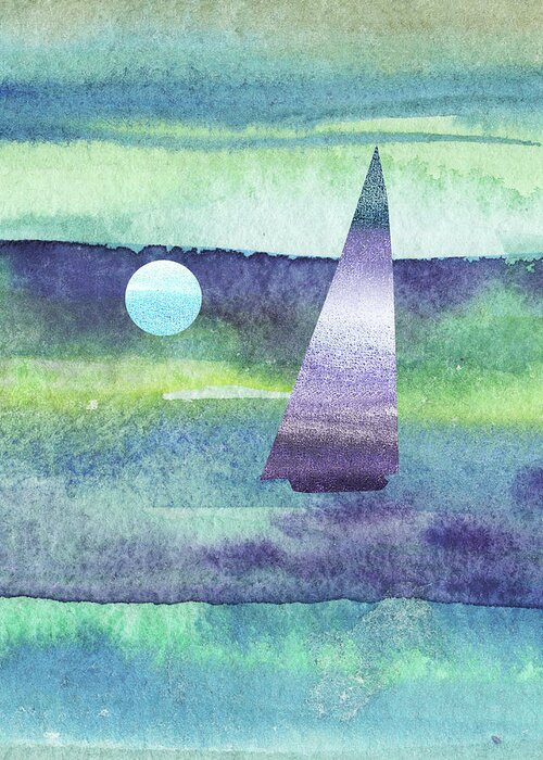 Beach Art Greeting Card featuring the painting Moon Sailboat Purple Teal Blue Green Watercolor Beach Art by Irina Sztukowski