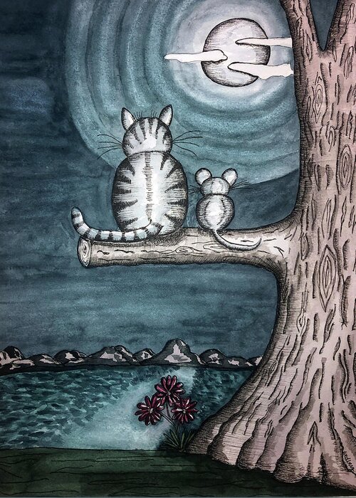 Landscape Greeting Card featuring the painting Moonlight Cat and Mouse by Christina Wedberg