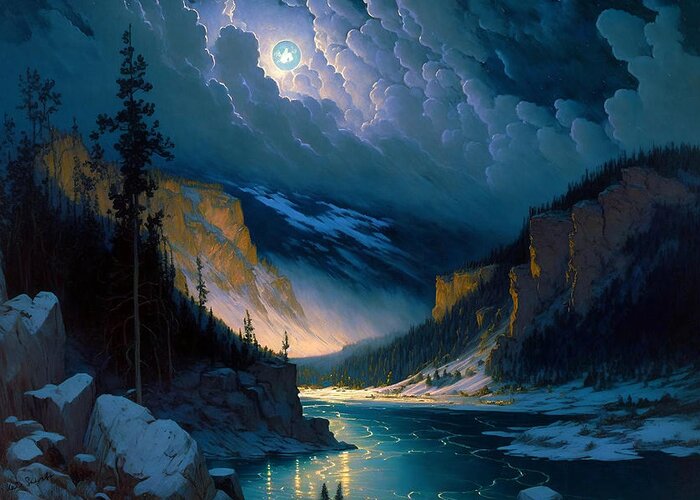 Yellowstone River Greeting Card featuring the painting Moonlit Magic - An Oil Painting of the Yellowstone River by Kai Saarto