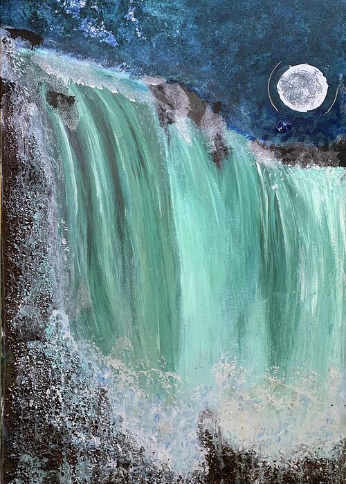 Waterfall Greeting Card featuring the painting Moonlit Waterfall by Leslie Porter