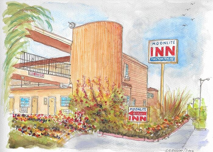 Moonlite Inn Greeting Card featuring the painting Moonlite Inn in Redondo Beach, California by Carlos G Groppa