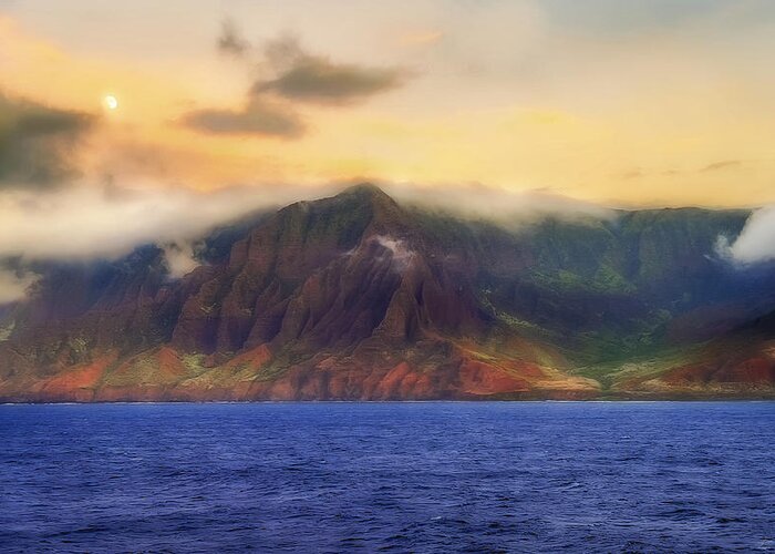 Kauai Greeting Card featuring the photograph Moonrise at Sunset of the Napali Coast on the Island of Kauai, Hawaii by John A Rodriguez