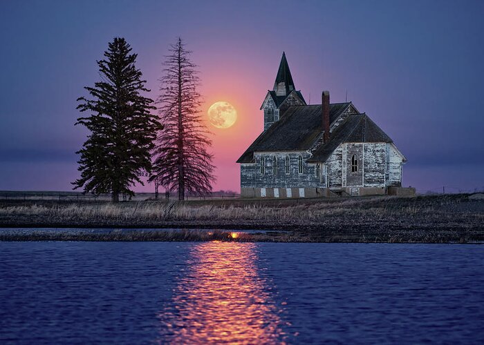 Nd Greeting Card featuring the photograph Moonrise at the Big Coulee - Abandoned rural ND church with lake and full moon rising by Peter Herman