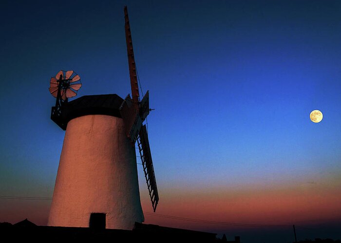 Andbc; Ballycopeland; Windmill; Millisle; Ards; Bangor; County Down; Northern Ireland; Sunset; Moonrise; Spring Greeting Card featuring the photograph Moonrise Mill by Martyn Boyd