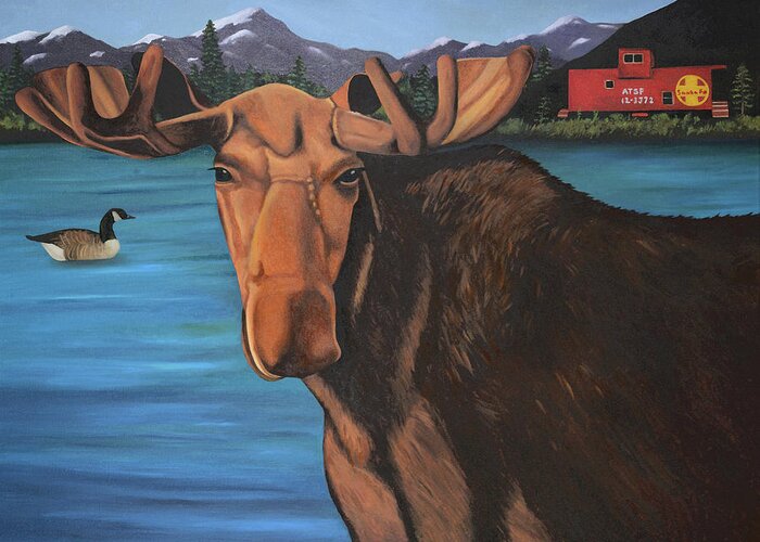 Moose Greeting Card featuring the painting Moose With A Goose and A Red Caboose by Leah Saulnier The Painting Maniac