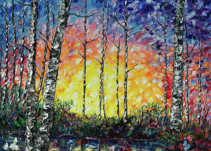 Rich Greeting Card featuring the painting Morning Breaks by Lena Owens - OLena Art Vibrant Palette Knife and Graphic Design