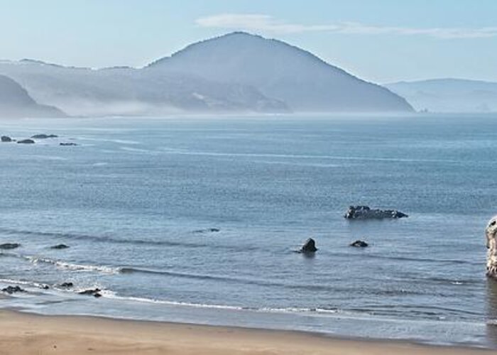 Bay Greeting Card featuring the photograph Morning Fog Burning Off on Port Orford Beach by Loren Gilbert
