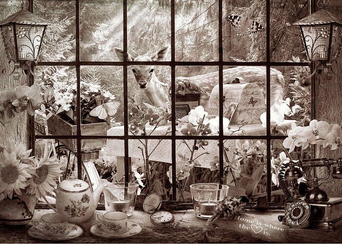Spring Greeting Card featuring the photograph Morning Visitor in Vintage Sepia by Debra and Dave Vanderlaan