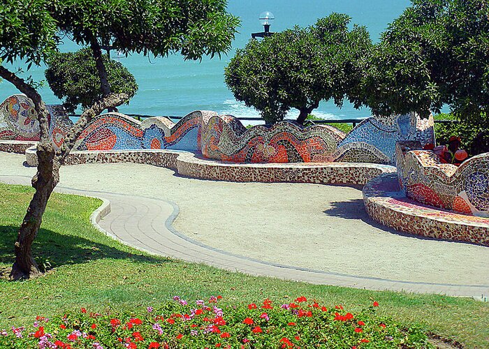 Parque Del Amor Greeting Card featuring the photograph Mosaic Wall By The Sea, Lima Peru by Karen Zuk Rosenblatt