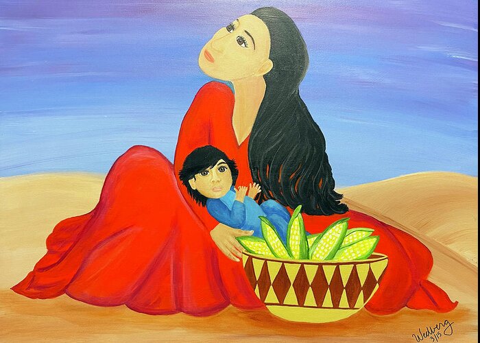 Southwestern Art Greeting Card featuring the painting Mother and Corn by Christina Wedberg