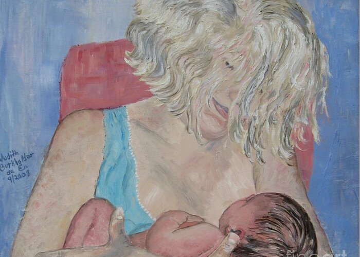 Portrait Greeting Card featuring the painting Mother and Newborn - SOLD by Judith Espinoza