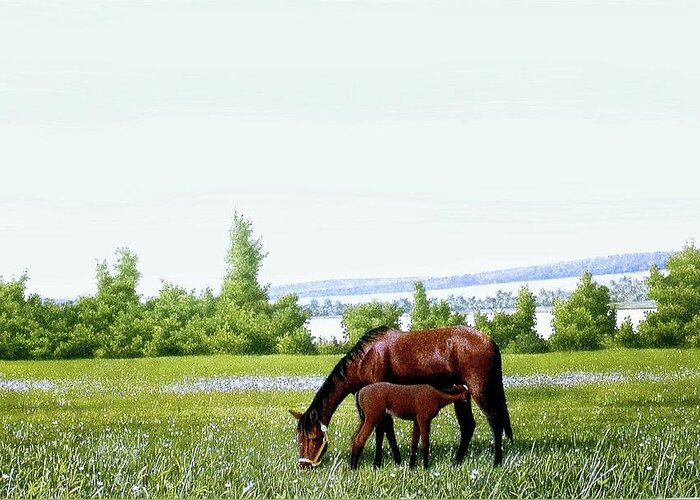 Horses Greeting Card featuring the painting Mother raising little Junior by Conrad Mieschke