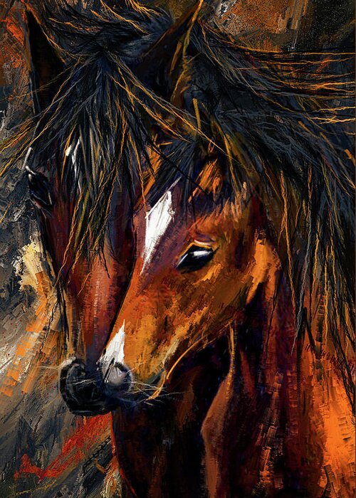 Mare And Foal Greeting Card featuring the painting Motherly Love - Horse And Foal Art by Lourry Legarde