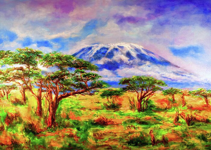 Africa Greeting Card featuring the painting Mount Kilimanjaro Tanzania by Sher Nasser Artist