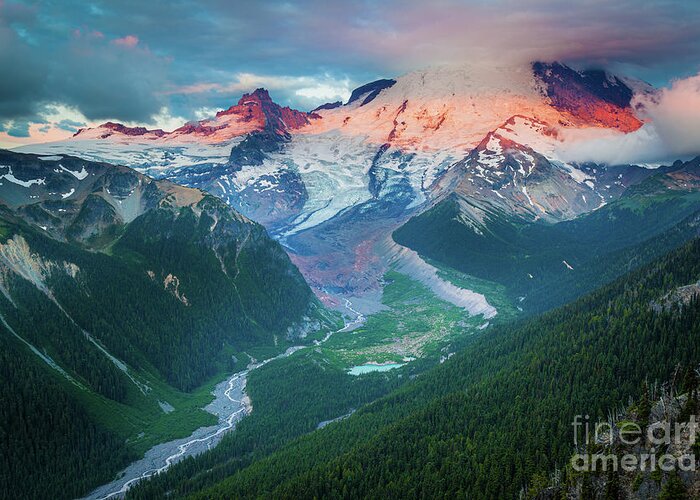 America Greeting Card featuring the photograph Mount Rainier and White River by Inge Johnsson