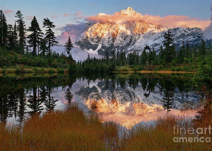 Washington Greeting Card featuring the photograph Mount Shuksan Reflecting in Picture Lake at Sunset in Autumn by Tom Schwabel