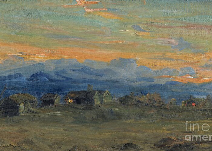 Gustav Wentzel Greeting Card featuring the painting Mountain farm in evening light by O Vaering by Gustav Wentzel