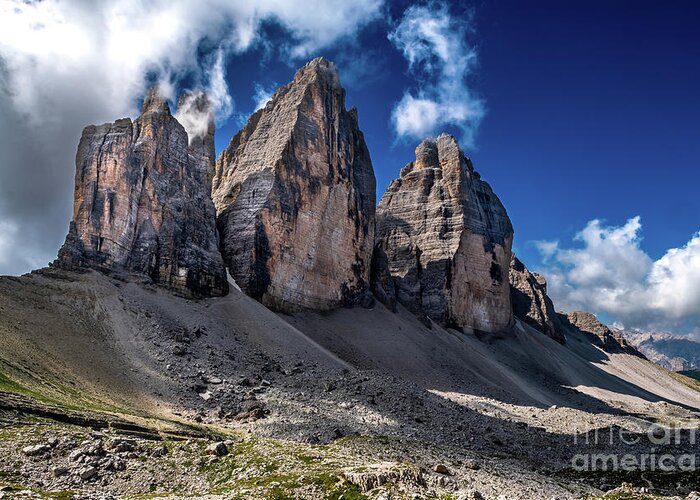 Alpine Greeting Card featuring the photograph Mountain Formation Tre Cime Di Lavaredo In The Dolomites Of South Tirol In Italy by Andreas Berthold