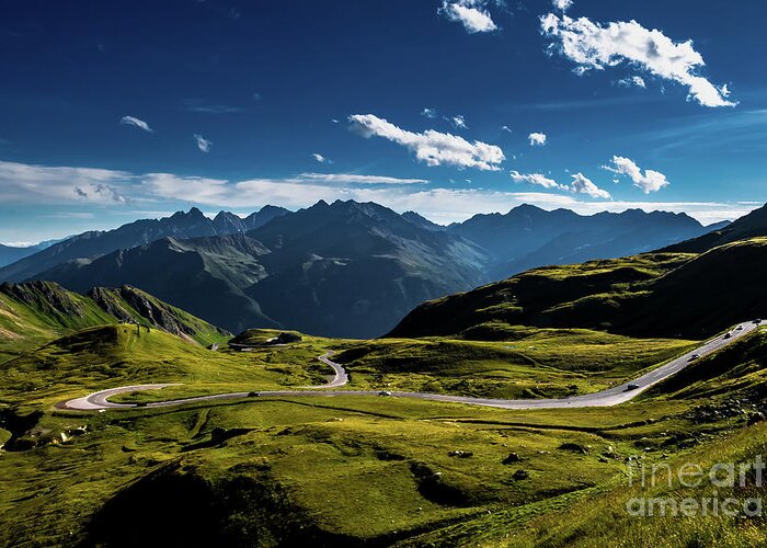 Adventure Greeting Card featuring the photograph Mountain Pass And High Alpine Road In National Park Hohe Tauern With Mountain Peak Grossglockner by Andreas Berthold