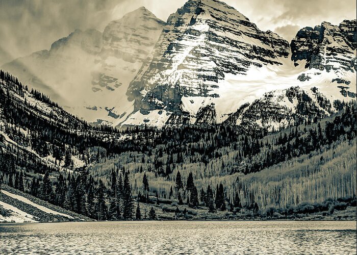 America Greeting Card featuring the photograph Mountain Peaks and Valleys of Maroon Bells - Sepia by Gregory Ballos