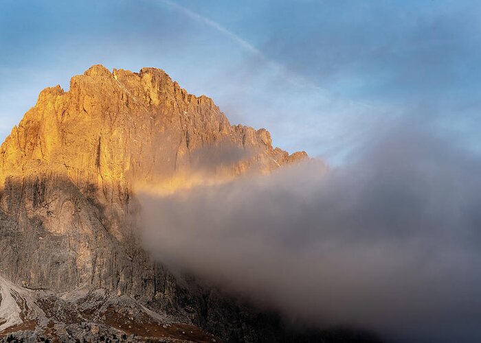 Passo Sella Greeting Card featuring the photograph Mountain peaks during sunrise. Dolomit, Italy by Michalakis Ppalis