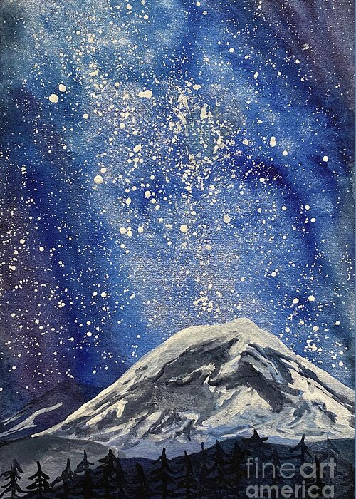 Mount Rainier Greeting Card featuring the painting Mountain with Night Sky by Lisa Neuman