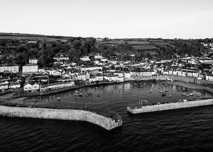 Coast Greeting Card featuring the photograph Mousehole Fishing Village Harbour Aerial black and white 2 by Sonny Ryse