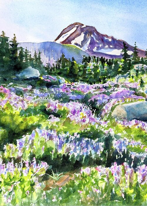 Mount Hood Greeting Card featuring the painting Mt. Hood Timberline Trail Oregon by Carlin Blahnik CarlinArtWatercolor