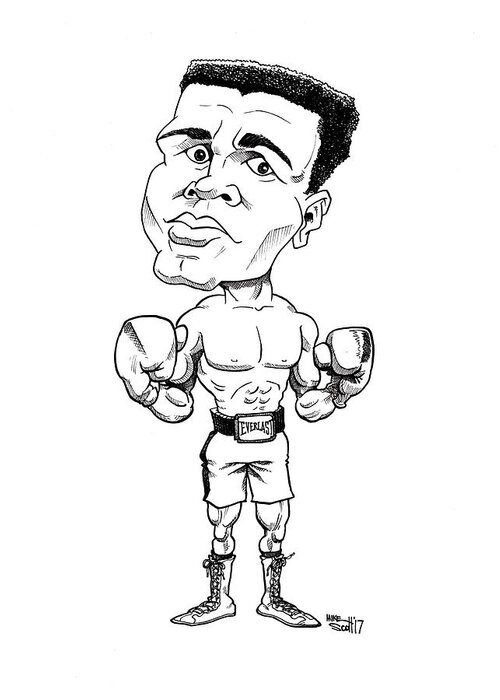 Cartoon Greeting Card featuring the drawing Muhammad Ali, line drawing by Mike Scott