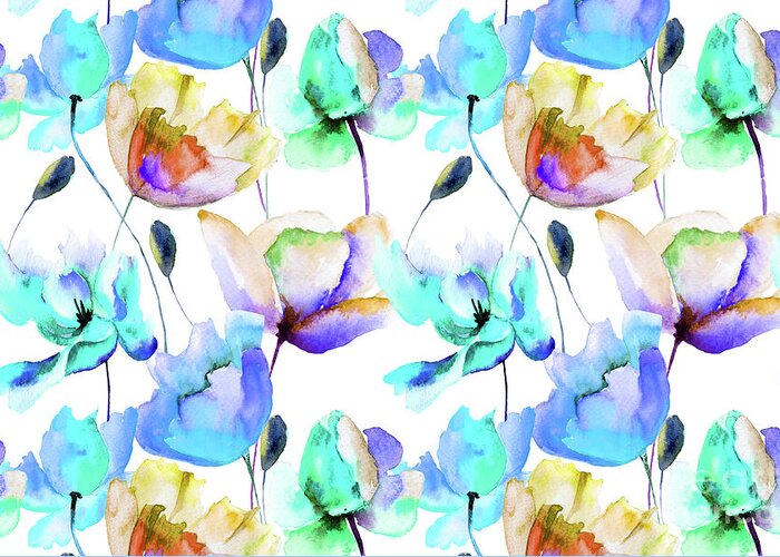 Teal Greeting Card featuring the painting Multi Color Poppies and Tulips Watercolor Pattern by PIPA Fine Art - Simply Solid