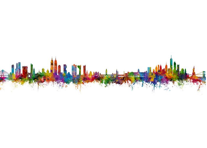 Mumbai Greeting Card featuring the digital art Mumbai, Chennai and New York Skyline Mashup by Michael Tompsett