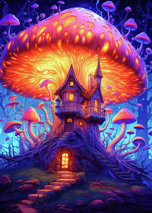 Mushroom Greeting Card featuring the digital art Mushroom House 15 Fantasy Art Illustration Style by Matthias Hauser