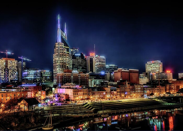 Nashville Skyline Greeting Card featuring the photograph Music City at Night by Susan Rissi Tregoning