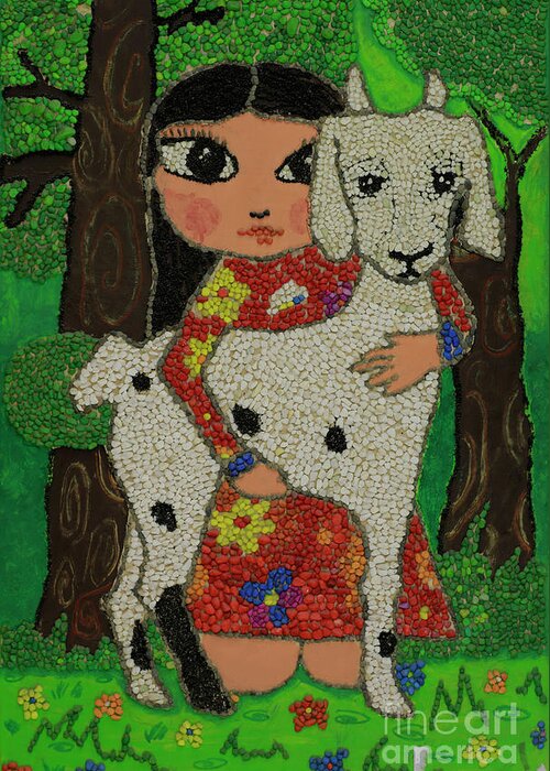 Girl Greeting Card featuring the painting My little Tsondoohoi by Shurentsetseg Batdorj