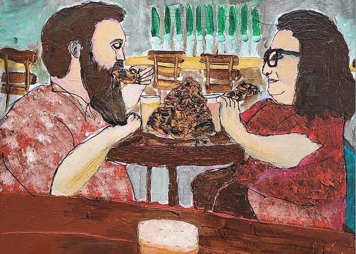  Greeting Card featuring the painting Nachos Eating Couple in Vero Beach by Mark SanSouci