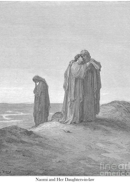 Naomi Greeting Card featuring the drawing Naomi and Her Daughters-In-Law by Gustave Dore v1 by Historic illustrations