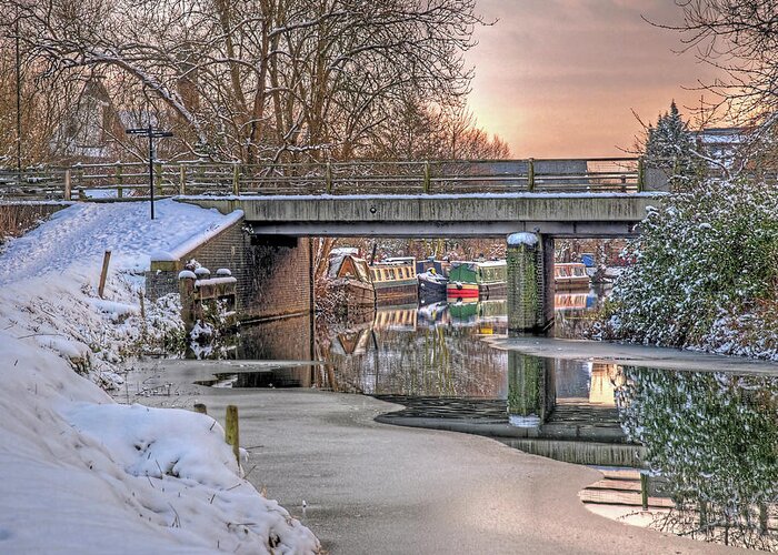 Snow Greeting Card featuring the photograph Narrow Boats Under the Bridge by Gill Billington