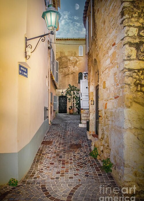 Cote D'azur Greeting Card featuring the photograph Narrow Cobblestone Alley in Antibes, France by Liesl Walsh