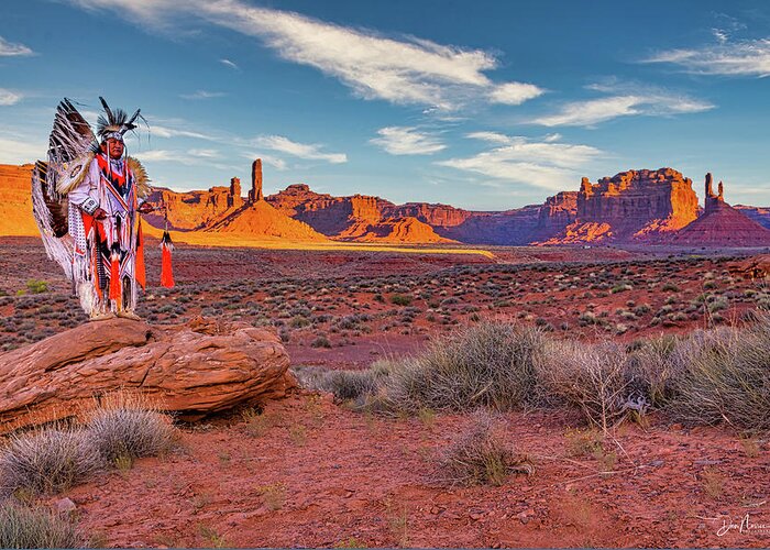 Southwest Greeting Card featuring the photograph Navajo Fancy Dancer at Valley Of The Gods - 1 by Dan Norris