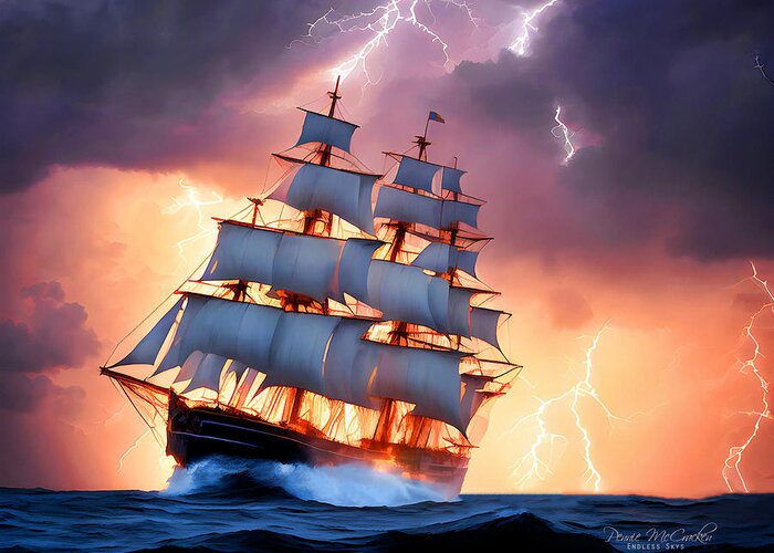 Ship Greeting Card featuring the mixed media Navigating the Storm by Pennie McCracken