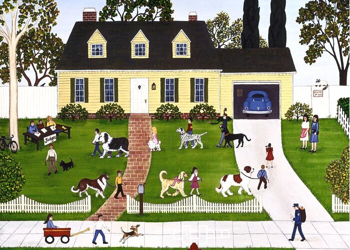 Dogs Greeting Card featuring the painting Neighborhood Dog Show by Linda Mears