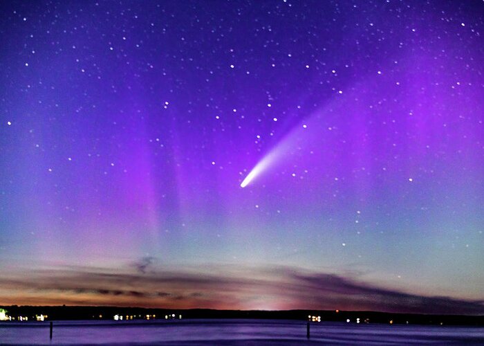 Neowise Comet Greeting Card featuring the photograph NEOWISE COMET with a splash of Northern Lights by Joe Holley