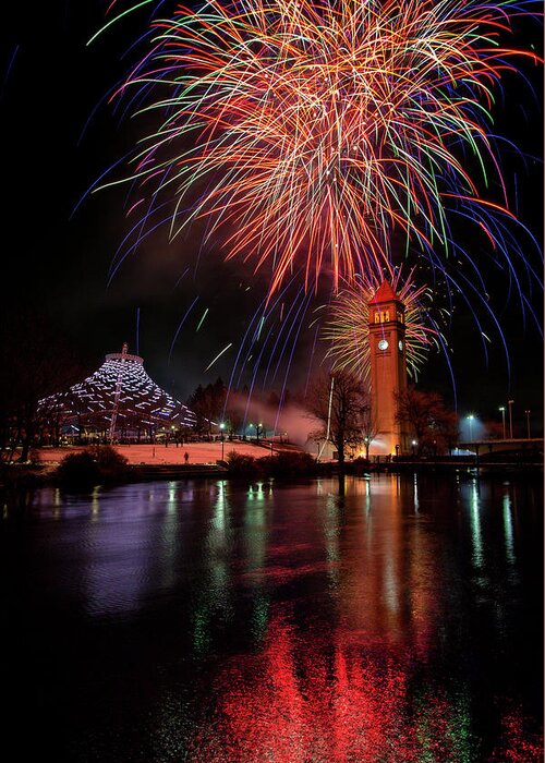 2020 Spokane Fireworks Clock Tower Pavilion River Reflections Eastern Washington Greeting Card featuring the photograph New Years Eve in Spokane by James Richman