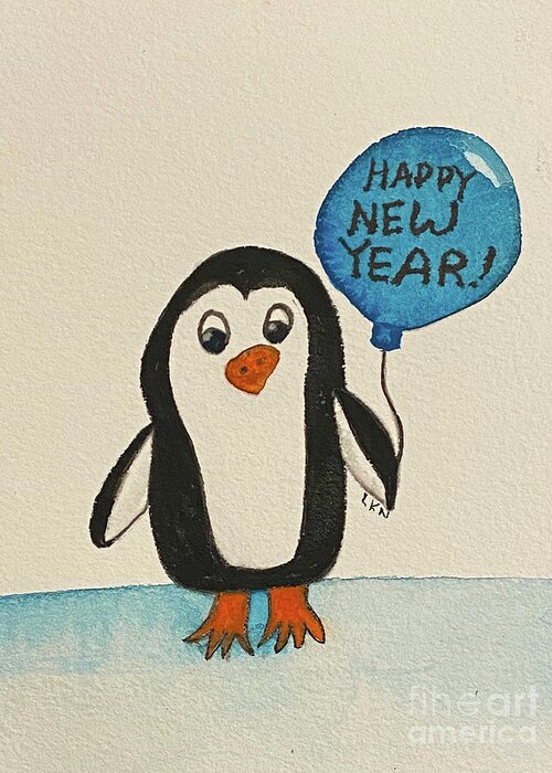 Penguin Greeting Card featuring the mixed media New Years Penguin by Lisa Neuman