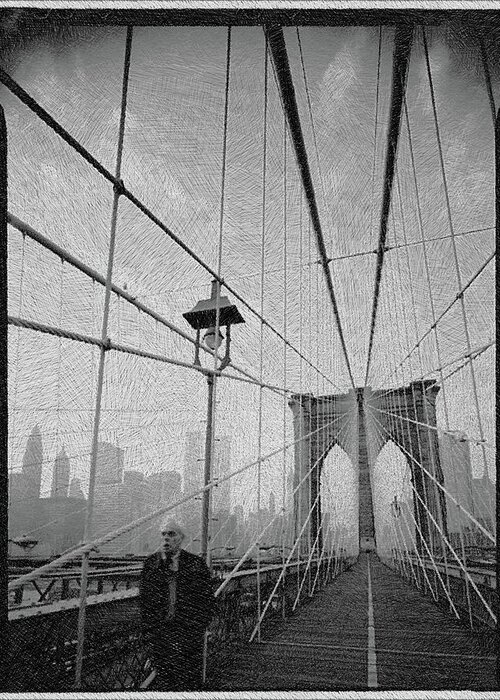 Brooklyn Greeting Card featuring the painting New York City Brooklyn Bridge Black And White by Tony Rubino