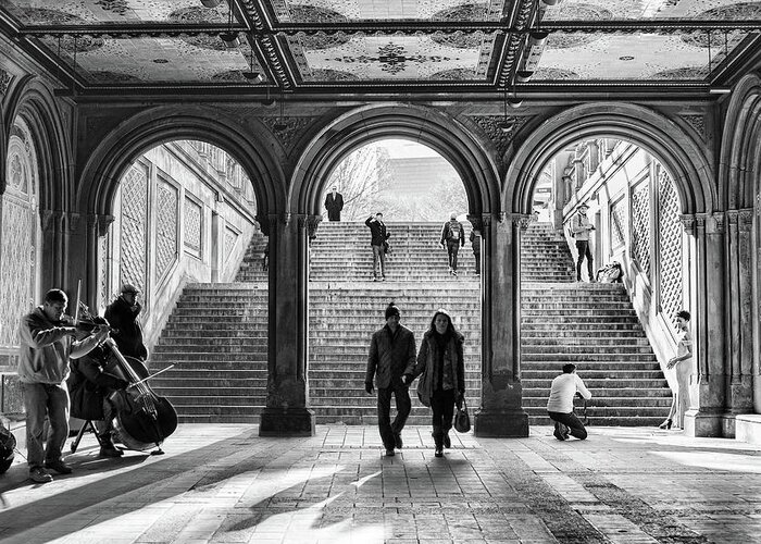 New York Greeting Card featuring the photograph New York City Central Park Bethesda Terrace Arcade Black and White by Christopher Arndt