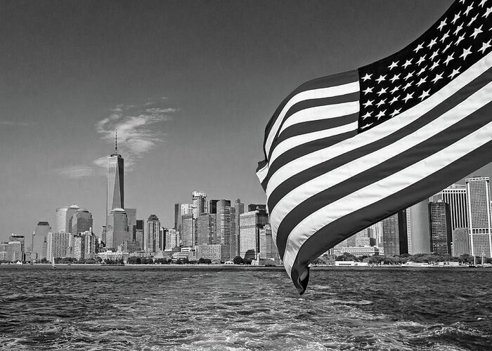 New York Greeting Card featuring the photograph New York City Manhattan Skyline Ferry Flag Black and White by Christopher Arndt