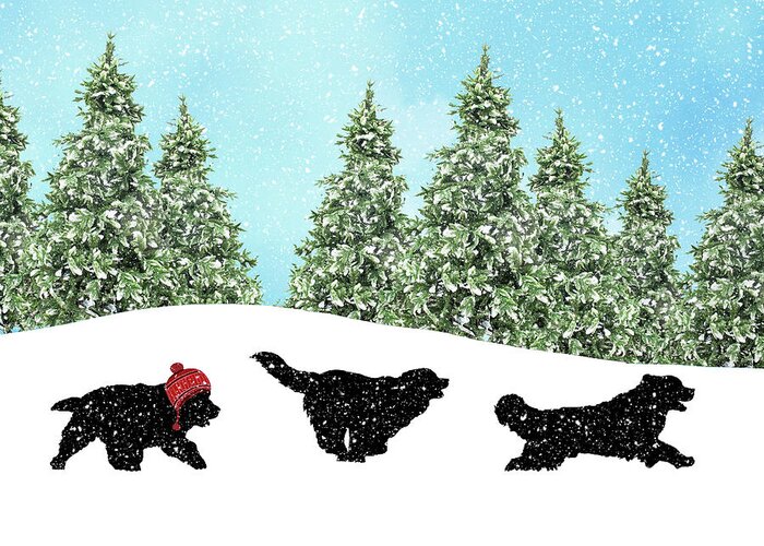 Newfoundland Greeting Card featuring the digital art Newfies Running in the Snow by Christine Mullis